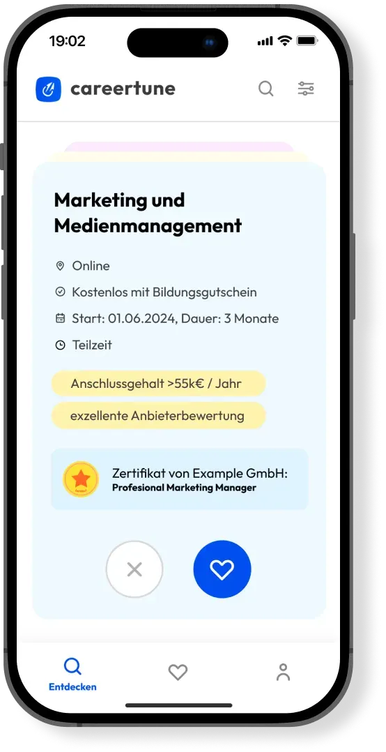 Screenshot der Careertune App: Entdecken von spannenden Weiterbildungen