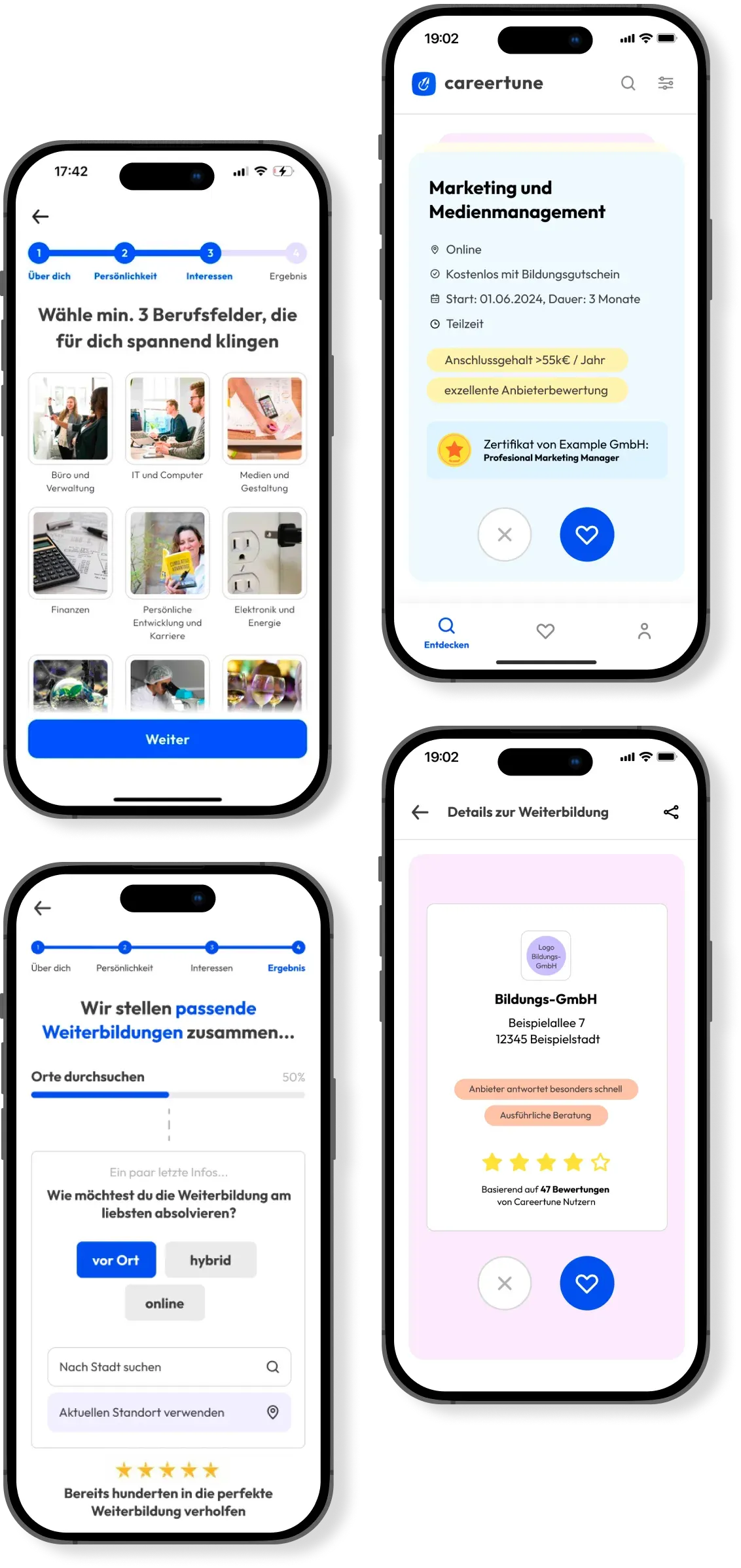 4 Screenshots der Careertune App